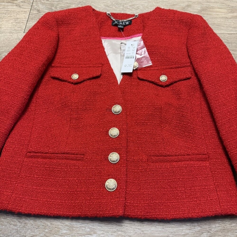 J. Crew V-Neck Lady Jacket in Maritime Tweed Festival Red NWT Size 0 BV211 - Picture 5 of 14